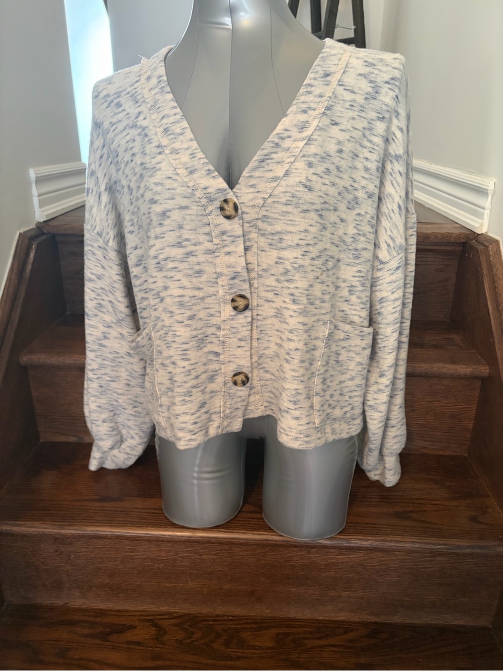 Final Touch White and Light Blue Heathered Button Cardigan